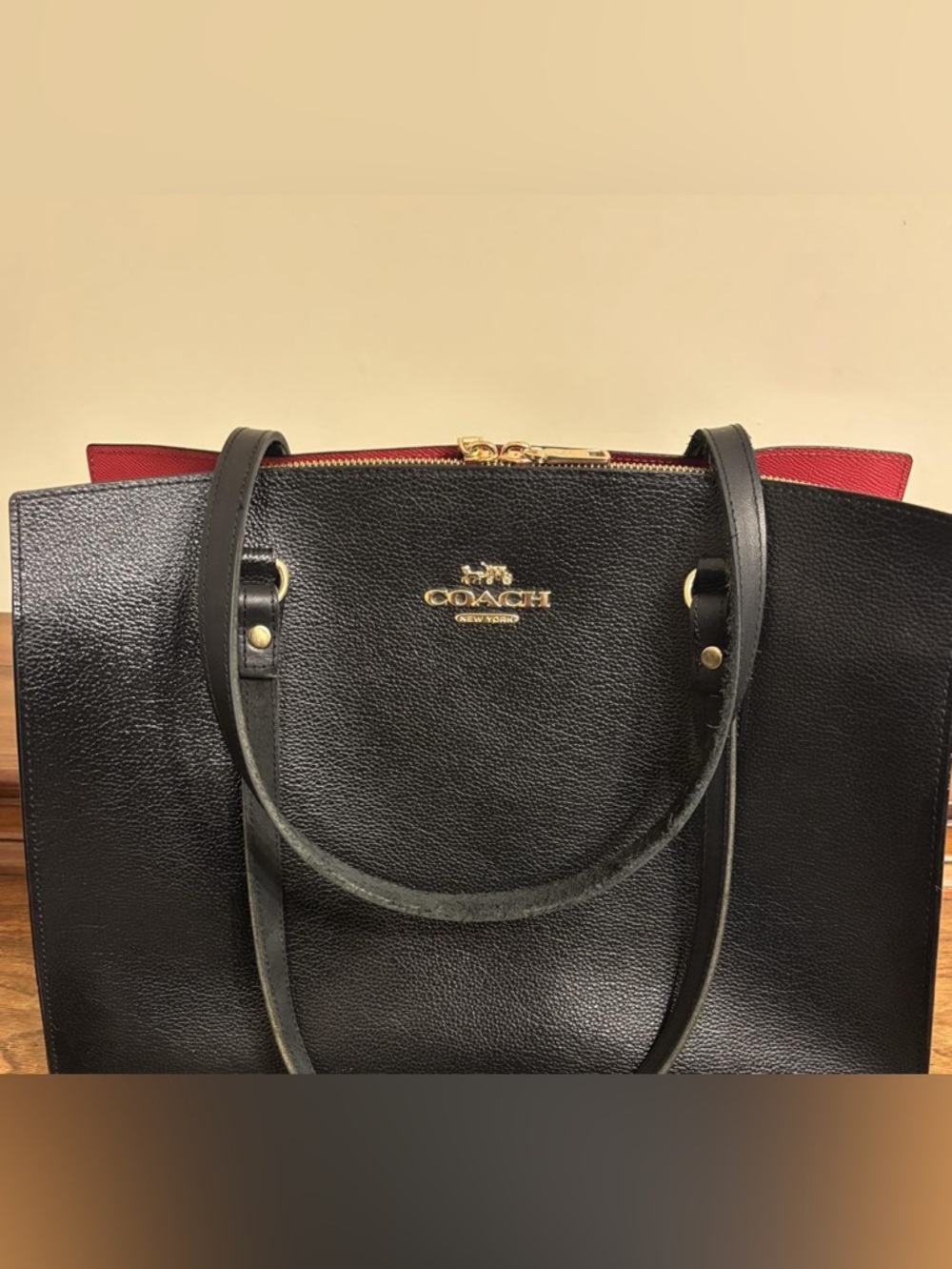 Coach Black Leather Tote with Red Interior Accent - Picture 4 of 14